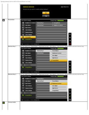 Page 27Operating the Monitor:Dell P2211H/P2311H Flat Panel Monitor Users Guide\
file:///S|/SSA_Proposal/P2211_P2311/operate.htm[7/13/2011 12:17:56 PM]
Personalize
 
 Shortcut Key  1 User  can  select from  Preset  Modes,  Brightness/Contrast, Auto  Adjust,  Input Source, Energy Modes and  set  as shortcut key.
 
 
Shortcut Key  2 User  can  select from  Preset  Modes,  Brightness/Contrast, Auto  Adjust,  Input Source, Energy Modes and  set  as shortcut key.
 
Energy modes
 
 