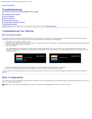 Page 33Troubleshooting:Dell P2211H/P2311H Flat Panel Monitor Users Guide
file:///S|/SSA_Proposal/P2211_P2311/solve.htm[7/13/2011 12:17:59 PM]
Back to  Contents Page
Troubleshooting
Dell™ P2211H/P2311H Flat Panel Monitor  Users Guide
  Troubleshooting Your  Monitor
  Built -in Diagnostics
  Common Problems
  Product Specific  Problems
  Universal Serial  Bus  Specific  Problems
  Dell Soundbar Problems
 
 
 
 
 
CAUTION:  Before  you begin any of the procedures in this section, follow  the  Safety Instructions...