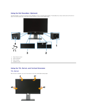 Page 25Using the Dell Soundbar (Optional)  
The Dell Soundbar is a stereo two channel system adaptable to mount on Dell Flat Panel Displays.  The Soundbar has a rotary volume and on/off control to 
adjust the overall system level, a blue LED for power indication, and two audio headset jacks.  
 
   
Using the Tilt, Swivel, and Vertical Extension  
Tilt , Swivel  
With the built - in pedestal, you can tilt the monitor for the most comfortable viewing angle.  
 1.   Power/Volume control
2.   Attach mechanism...