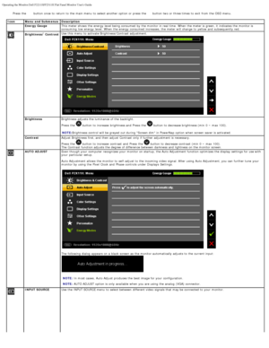 Page 22Operating the Monitor:Dell P2211H/P2311H Flat Panel Monitor Users Guide\
file:///S|/SSA_Proposal/P2211_P2311/operate.htm[7/13/2011 12:17:56 PM]
Press  the   button once  to  return  to  the main menu  to  select another option or press  the   button two or three times  to  exit  from  the OSD menu.
Icon Menu and Submenus Description
  Energy Gauge This meter shows  the energy level being consumed  by the monitor in real time.  When  the meter is green, it  indicates  the monitor is
consuming  low...