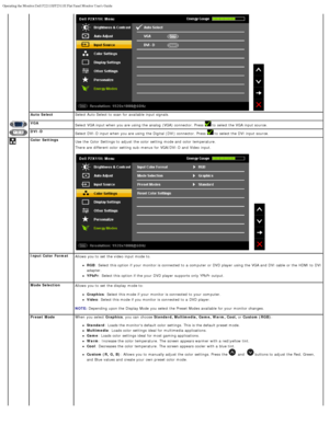 Page 23Operating the Monitor:Dell P2211H/P2311H Flat Panel Monitor Users Guide\
file:///S|/SSA_Proposal/P2211_P2311/operate.htm[7/13/2011 12:17:56 PM]
Auto Select Select Auto Select to  scan  for available  input signals.
 
 
VGA
Select VGA input when  you are using  the analog  (VGA) connector. Press    to  select the VGA input source.
DVI-DSelect DVI-D  input when  you are using  the Digital (DVI) connector. Press    to  select the DVI input source.
Color  SettingsUse  the Color  Settings to  adjust  the...