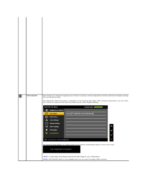 Page 23   
    AUTO ADJUST   Even though your computer  recognizes your monitor on startup, the Auto Adjustment function optimizes the display settings for use 
with your particular setup. 
Auto Adjustment allows the monitor to self - adjust to the incoming video signal. After using Auto Adjustment, you can further tune 
your monitor by using the Pixel Clock and Phase controls under Displays Settings.  
The following dialog appears on a black screen as the monitor automatically adjusts to the current input:...