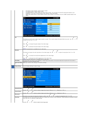 Page 15l For playing a sport program, choose Sports preset;   
l For playing a game, choose Game preset;   
l For general picture or web or watch TV, choose Nature preset. You can adjust the Hue(Tint)/Saturation based on your 
preference. If you want to restore default color settings, choose Color Reset;   
l Select Color Reset preset to restore default (factory) Color settings.  This setting is also the  “ sRGB ”   standard default color 
space.  
 
Hue  
This feature can shift color of video image to green or...