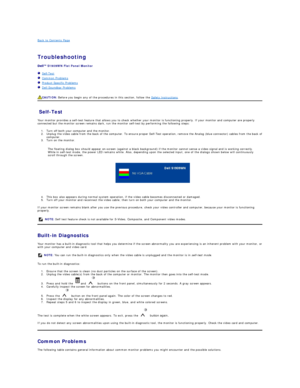 Page 25Back to Contents Page    
 
Troubleshooting  
 
S1909WN  Flat Panel Monitor   
   Self - Test  
   Common Problems  
   Product Specific Problems  
   Dell Soundbar Problems  
   
Self - Test  
Your monitor provides a self - test feature that allows you to check whether your monitor is functioning properly. If your monitor and computer are properly 
connected but the monitor screen remains dark, run the monitor self - test by performing the following steps:   
1. Turn off both your computer and the...