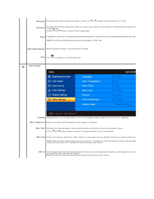 Page 19   
 
Sharpness  
Pixel Clock  
Phase  
Reset Display  Settings  
Back   This feature can make the image look sharper or softer. Use  or   to adjust the sharpness from 0 to 100 .
T he Phase and Pixel Clock adjustments allow you to adjust your monitor to your preference. These settings are accessed through the main OSD menu, by selecting 
Image Settings.  
Use   th e    and   buttons to adjust  for best image qua lity.  
If satisfactory results are not obtained using the Phase adjustment, use the Pixel...