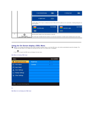 Page 14   
Using the On - Screen display (OSD) Menu  
1.  Push    to launch the OSD menu and display the main menu.   
Main Menu for Analog (VGA) Input  
 
Or  
Main Menu for non Analog (non VGA) Input   If either VGA or DVI - D input is selected and both VGA and DVI - D cables are not connected, a floating dialog box as shown 
below appears.   or
or
5
 
Power button  
    Use the power button to turn the monitor on and off. 
The white light indicates that the monitor is on and fully functional. An amber light...