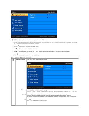 Page 16 
2.   Push  the   and   buttons to move between the setting options. As you move from one icon to another, the option name is highlighted. See the table 
for a  complete list of all the options available for the monitor.   
3.   Push  the    button once to activate the highlighted option.    
4.   Push   and   button to select the desired parameter.   
5.  Push    to enter the slide bar and then use the    and   buttons, according to the indicators on the menu, to make your changes.    
 6. Push     to...