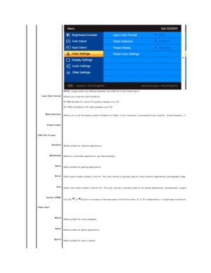 Page 18 
  
   
    Input Color Format  
Mode Selection  
Preset modes  
VGA/DVI - D input  
Standard  
Multimedia 
Game  
Warm  
Cool  
Custom (RGB)  
Video input  
Movie
Game
Sports  
or 
NOTE:  Image modes are different between the VGA/DVI - D and Video inputs
Allows you to set the color format to:   
PC RGB - Suitable for normal PC graphics display over DVI  
HD YPbPr - Suitable for HD video playback over DVI.    
Allows you to set the display mode to Graphics or Video. If your computer is connected to your...