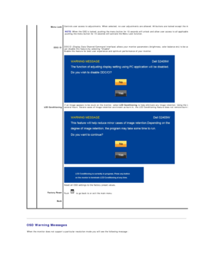 Page 21   
OSD Warning Messages    
    
   
    Menu Lock  
DDC/CI  
LCD Conditioning  
Factory Reset  
Back   Controls user access to adjustments. When selected, no user adjustments are allowed. All buttons are locked except the menu button.
   
NOTE:  When the OSD is locked, pushing the menu button for 15 seconds will unlock and allow user access to all applicable settings. 
pushing the menu button for 15 seconds will activate the Menu Lock function.  
DDC/CI (Display Data Channel/Command Interface) allows...