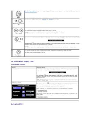 Page 11On Screen Menu/Display  (OSD)  
Direct - Access Functions  
Using the OSD  A  
 
MENU     The MENU button is used to open the on - screen display (OSD), select function icons, exit from menus and sub - menus, and to exit the OSD. See 
Accessing the Menu System.  
B  
 
Brightness/Contrast Hot 
Key     Use this button for direct access to the  Brightness  and  Contrast  control menu.   
B 
C  
 
-  and + buttons     Use these buttons to adjust (decrease/increase ranges) items in the OSD.   
NOTE : You can...