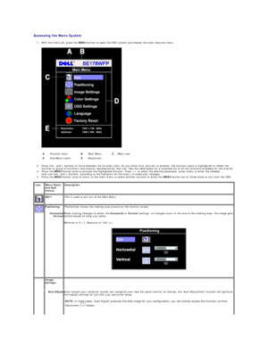 Page 12Accessing the Menu System    
1. With the menu off, press the  MENU  button to open the OSD system and display the main features menu.   
 
2. Press the  -  and + buttons to move between the function icons. As you move from one icon to another, the function name is highlighted to reflect the 
function or group of functions (sub - menus) represented by that icon. See the table below for a complete list of all the functions available for the monitor.   
3. Press the  MENU  button once to activate the...