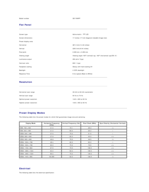 Page 5Model number   SE178WFP  
Flat Panel  
Screen type   Active matrix  -  TFT LCD  
Screen dimensions   17 inches (17 - inch diagonal viewable image size)  
Preset display area:  
Horizontal   367.2 mm (14.46 inches)  
Vertical   229.5 mm (9.04 inches)  
Pixel pitch   0.255 mm x  0.255 mm  
Viewing angle   Viewing angle 150 °  (vertical) typ, 160 °  (horizontal) typ (CR>10 ）  
Luminance output   250 cd/m  ² ( typ)  
Contrast ratio   600:1 (typ)   
Faceplate coating   Glossy with hard - coating 2H...