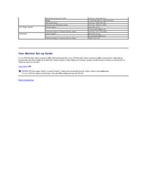 Page 17   
   
Your Monitor Set - up Guide  
To view PDF files (files with an extension of  .pdf ), click the document title. To save PDF files (files with an extension of  .pdf ) to your hard drive, right - click the 
document title, click  Save Target As  in Microsoft ®  Internet Explorer or  Save Link As  in Netscape Navigator, and then specify a location on your hard drive to 
which you want to save the files.   
Setup Guide   ( .pdf )  
Back to Contents Page     Dell Preferred Accounts (DPA)   toll -...