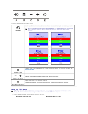 Page 20The following table describes the front panel buttons:  
Using the OSD Menu  
1. Press the Menu button to open the OSD menu and display the main menu.     
 
Input select    Use the Input Select button to choose between two different video signals that may be connected to your monitor.  
    NOTE:  The floating Dell Self - test Feature Check' dialog appears on a black background if the monitor cannot 
sense a video signal. Depending upon the selected input, one of the dialogs shown below will scroll...