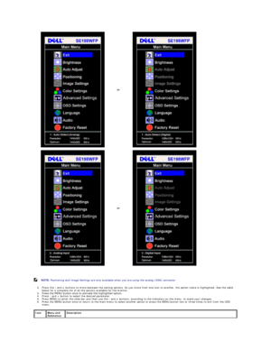 Page 21   
2. Press the  -  and  +  buttons to move between the setting options. As you move from one icon to another, the option name is highlighted. See the table 
below for a complete list of all the options available for the monitor.   
3. Press the MENU button once to activate the highlighted option.    
4. Press  -  and + button to select the desired parameter.   
5. Press MENU to enter the slide bar and then use the  -  and  +  buttons, according to the indicators on the menu, to make your changes.   
6....