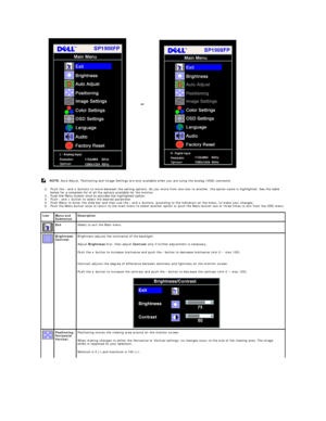 Page 22   
2. Push the  -  and  +  buttons to move between the setting options. As you move from one icon to another, the option name is highlighted. See the table 
below for a complete list of all the options available for the monitor.  
3. Push the Menu button once to activate the highlighted option.    
4. Push  -  and + button to select the desired parameter.   
5. Push Menu to enter the slide bar and then use the  -  and  +  buttons, according to the indicators on the menu, to make your changes.   
6. Push...