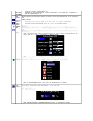 Page 24 
Red Preset  
 
User Preset   (photograph image editing, multimedia, movies, etc.).   
l User Preset: Use the plus and minus buttons to increase or decrease each of the three colors (R, G, B) independently, in 
single digit increments, from 0 to 100.   
   
   
   
 
   
 
   
 
   
  OSD 
Settings:  
   
 
Horizontal 
Position  
   
Vertical 
Position    
   
OSD Hold 
Time    
 
 
   
OSD Lock     Adjust the settings for the OSD, including the location, the amount of time the menu remains on - screen,...