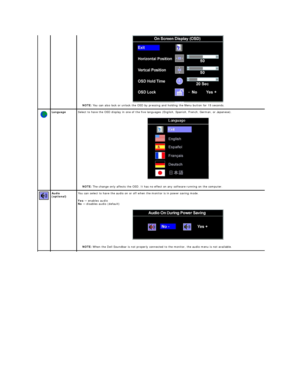 Page 22 
    NOTE:   You can also lock or unlock the OSD by pressing and holding the Menu button for 15 seconds.  
Language Select to have the OSD display in one of the five languages (English, Spanish, French, German, or Japanese).  
 
  NOTE:   The change only affects the OSD. It has no effect on any software running on the computer.  
Audio 
(optional)   You can select to have the audio on or off when the monitor is in power saving mode. 
Yes   —   enables audio  
No   —   disables audio (default)...