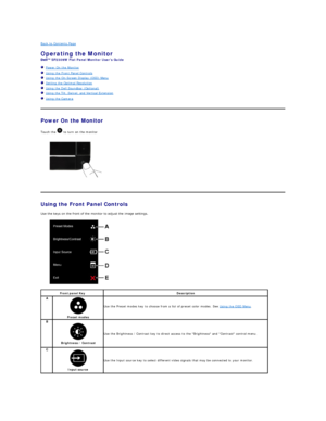 Page 15Back to Contents Page    
Operating the Monitor   
SP2309W  Flat Panel Monitor Users Guide  
   Power On the Monitor  
   Using the Front Panel Controls  
   Using the On - Screen Display (OSD) Menu  
   Setting the Optimal Resolution  
   Using the Dell Soundbar (Optional)  
   Using the Tilt, Swivel, and Vertical Extension  
   Using the Camera   
    
Power On the Monitor  
Touch the   to turn on the monitor  
           
   
Using the Front Panel Controls  
Use the keys on the front of the monitor to...