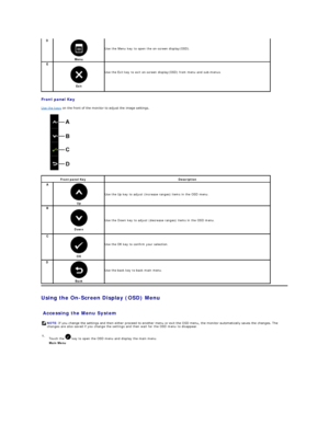 Page 16Front panel Key  
Use the keys  on the front of the monitor to adjust the image settings.   
             
Using the On - Screen Display (OSD) Menu  
 
Accessing the Menu System  D  
Menu    
Use the Menu key to open the on - screen display(OSD).  
E  
Exit    
Use the Exit key to exit on - screen display(OSD) from menu and sub - menus.  
Front panel Key Description  
A  
Up  Use the Up key to adjust (increase ranges) items in the OSD menu.
B  
Down  Use the Down key to adjust (decrease ranges) items in...