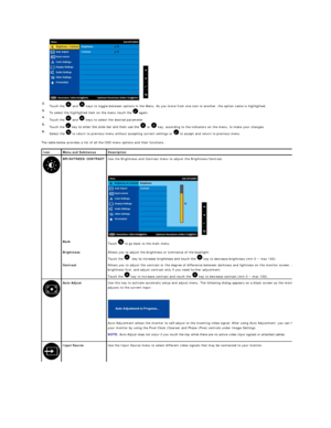 Page 17The table below provides a list of all the OSD menu options and their functions.   
2.  
Touch the   and   keys to toggle between options in the Menu. As you move from one icon to another, the option name is highlighted.   
3.  
To select the highlighted item on the menu touch the   again.   
4.  
Touch the   and   keys to select the desired parameter.   
5.  
Touch the   key to enter the slide bar and then use the   or   key, according to the indicators on the menu, to make your changes.   
6.  
Select...