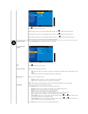 Page 18   
 
 
    
Push   to go back to the main menu  
 
   
Select VGA input when you are using the analog (VGA) connector. Push    to select the VGA input source.   
 
    
Select DVI - D input when you are using the digital (DVI) connector. Push    to select the DVI input source.  
Select HDMI input when you are using the digital (HDMI) connector. Push    to select the HDMI input source.  
Select Auto select to let the monitor search for available input signals.   
  COLOR SETTINGS   Use the  Color Setting...