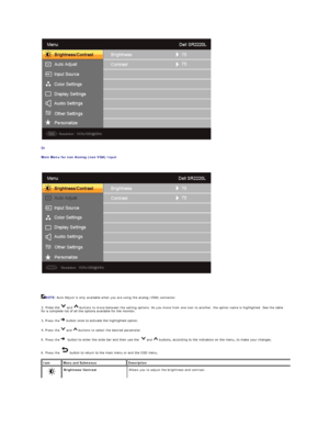 Page 15Or  
Main Menu for non Analog (non VGA) Input  
   
   
   
NOTE:  Auto Adjust is only available when you are using the analog (VGA) connector.    
2. Press the   and   buttons to move between the setting options. As you move from one icon to another, the option name is highlighted. See the table 
for a complete list of all the options available for the monitor.  
3.  Press the    button once to activate the highlighted option.    
4.  Press the   and   buttons to select the desired parameter.   
5....