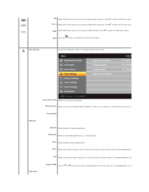 Page 17 
    VGA  
DVI - D
HDMI
Back Select VGA input when you are using the analog (VGA) connector.  Push   to select the VGA input source. 
Select DVI - D input when you are using the Digital (DVI) connector.  Push   to select the DVI input source.
Select HDMI input when you are using the HDMI connector.  Push    to select the HDMI input source.
Push  the  button   to go back to or exit the main menu.  
 
 
  
   
    Color Settings
Input Color Format  
Mode Selection  
Preset Modes  
VGA input
Standard...