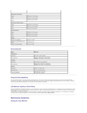 Page 9   
Environmental  
   
Plug and Play Capability  
You can install the monitor in any Plug and Play - compatible system. The monitor automatically provides the computer system with its Extended Display 
Identification Data (EDID) using Display Data Channel (DDC) protocols so that the system can configure itself and optimize the monitor settings. If required, 
the user can select different settings, but in most cases monitor installation is automatic.  
LCD Monitor Quality & Pixel Policy  
During the LCD...