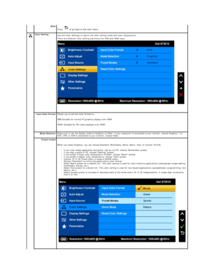 Page 15Back  
Press   to go back to the main menu.
 
    Color Setting  
Use the Color Settings to adjust the color setting mode and color temperature.  
There are different color setting sub - menus for VGA and HDMI input.   
 
Input Color Format Allows you to set the color format to:   
RGB - Suitable for normal PC graphics display over  HDMI  
YPbPr - Suitable for HD video playback over  HDMI  
Mode Selection Allows you to set the display mode to Graphics or Video. If your computer is connected to your...
