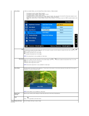 Page 16Video Mode
      When you select Video, you can choose Movie, Game, Sports, or Nature preset:
l For playing a movie, choose Movie preset;   
l For playing a sport program, choose Sports preset;   
l For playing a game, choose Game preset;   
l For general picture or web or watch TV, choose Nature preset. You can adjust the Hue(Tint)/Saturation based on your 
preference. If you want to restore default color settings, choose Color Reset;   
l Select Color Reset preset to restore default (factory) Color...