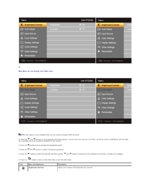 Page 15Or  
Main Menu for non Analog (non VGA) Input  
   
   
   
NOTE:  Auto Adjust is only available when you are using the analog (VGA) connector.    
2. Press the   and   buttons to move between the setting options. As you move from one icon to another, the option name is highlighted. See the table 
for a complete list of all the options available for the monitor.  
3.  Press the    button once to activate the highlighted option.    
4.  Press the   and   buttons to select the desired parameter.   
5....