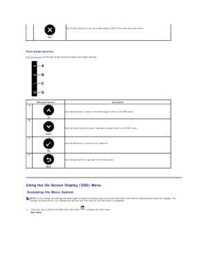 Page 16 
Front panel controls  
Use the buttons  on the side of the monitor to adjust the image settings.   
               
   
Using the On - Screen Display (OSD) Menu  
Accessing the Menu System  Exit Use the Exit  button  to exit on - screen display (OSD) from menu and sub - menus.  
Side panel button Description  
A
Up  Use the Up button to adjust (increase ranges) items in the OSD menu.
B  
Down  Use the Down button to adjust (decrease ranges) items in the OSD menu.
C   
OK    
Use the OK button to...