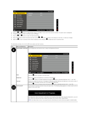 Page 17   
The table below provides a list of all the OSD menu options and their functions.    
2.   Press the   and   buttons to toggle between options in the Menu. As you move from one icon to another, the option name is highlighted.   
3.   To select the highlighted item on the menu press the   again.   
4.   Press the   and   buttons to select the desired parameter.   
5.   Press the   buttons to enter the slide bar and then use the   or   button, according to the indicators on the menu, to make your...