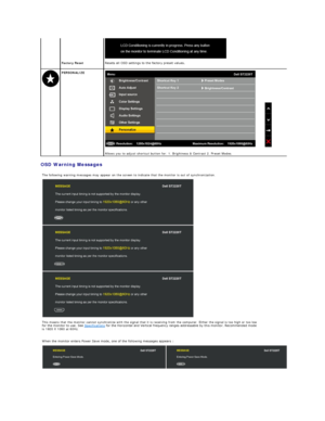Page 22OSD Warning Messages    
 
Factory Reset   Resets all OSD settings to the factory preset values.  
  PERSONALIZE  
 
Allows you to adjust shortcut button for: 1. Brightness & Contrast 2. Preset Modes.  
The following warning messages may appear on the screen to indicate that the monitor is out of synchronization.
 
This means that the monitor cannot synchronize with the signal that it is receiving from the computer. Either the signal is too high or too low 
for the monitor to use. See  Specifications...