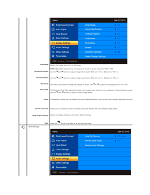 Page 19 
   
    
     
Wide Mode  
Horizontal Position  
Vertical Position  
Sharpness  
Pixel Clock  
Phase  
Dynamic Contrast  
Reset Display  Setting  
Back   Adjusts the image ratio as 4:3 or full screen.  
NOTE:  Wide Mode adjustment is not required at maximum preset resolution 1920 x 1080.  
Use  the  and    buttons to adjust image left and right. Minimum is 0 ( - ). Maximum is 100 (+).  
Use  the  and    buttons to adjust image up and down. Minimum is 0 ( - ). Maximum is 100 (+). 
This feature can make...
