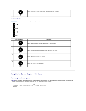 Page 16Front panel button  
Use the buttons  on the side of the monitor to adjust the image settings.   
               
   
Using the On - Screen Display (OSD) Menu  
 
Accessing the Menu System  Exit Use the Exit  button  to exit on - screen display (OSD) from menu and sub - menus.  
Front panel Button Description  
A  
Up  Use the Up button to adjust (increase ranges) items in the OSD menu.
B  
Down  Use the Down button to adjust (decrease ranges) items in the OSD menu.
C   
OK    
Use the OK button to...