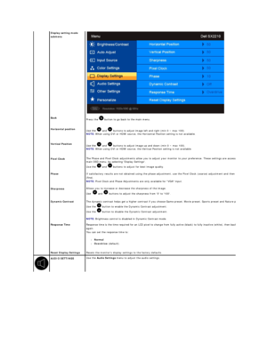 Page 20 
Display setting mode 
submenu   
   
 
 
Back  
Press the   button   to go back to the main menu.  
    Horizontal  position  
Use the   and   buttons   to adjust image left and right (min 0 ~ max 100).   
NOTE:   When using DVI or HDMI source, the Horizontal Position setting is not available.   
    Vertical Position  
Use the   and   buttons   to adjust image up and down (min 0 ~ max 100).   
NOTE:   When using DVI or HDMI source, the Vertical Position setting is not available.   
    Pixel Clock   T...