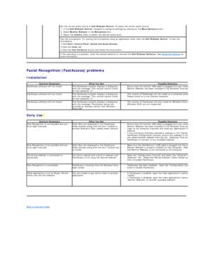 Page 37Facial Recognition (FastAccess) problems    
Installation  
Daily Use    
 
   
Back to Contents Page   Set the correct audio source in  Dell Webcam Central . To select the correct audio source: 
1. In the  Dell Webcam Central , navigate to configure settings by clicking on the  More Options  button.   
2. Select  Monitor Webcam  in the  Microphone  box.  
3. Adjust the  Volume  slider to obtain the desired audio level.   
Test the microphone.   Try testing the microphone using an application other than...