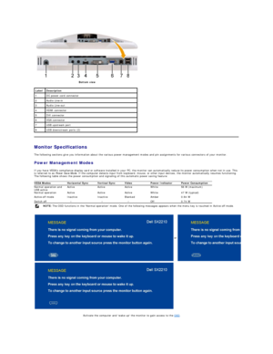 Page 5  
Monitor Specifications  
The following sections give you information about the various power management modes and pin assignments for various connectors of your monitor.   
Power Management Modes  
If you have VESAs compliance display card or software installed in your PC, the monitor can automatically reduce its power consumption when not in use. This 
is referred to as  Power Save Mode . If the computer detects input from keyboard, mouse, or other input devices, the monitor automatically resumes...