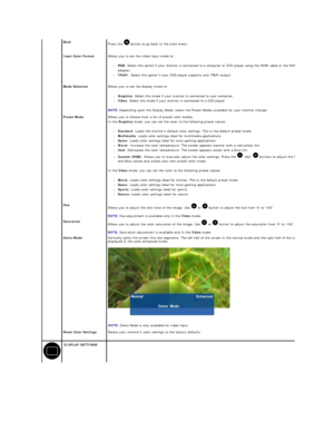 Page 20 
Back  
Press the   button to go back to the main menu.  
    Input Color Format   Allows you to set the video input mode to:   
l RGB : Select this option if your monitor is connected to a computer or DVD player using the HDMI cable or the HDMI to DVI 
adapter.   
l YPbPr : Select this option if your DVD player supports only YPbPr output.   
 
Mode Selection   Allows you to set the display mode to:   
l Graphics : Select this mode if your monitor is connected to your computer.   
l Video : Select this...