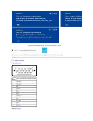 Page 6Activate the computer and wake up the monitor to gain access to the  OSD .  
  Zero power consumption in OFF mode can only be achieved by disconnecting the main cable from the power adapter.  
Pin Assignments  
VGA Connector  
 
    or 
      
NOTE:  This monitor is  ENERGY STAR ® - compliant.
Pin 
Number 15 - pin Side of the Co nnected Signal Cable
1 Video - Red  
2 Video - Green
3 Video - Blue
4 GND
5 Self - test
6 GND - R
7 GND - G
8 GND - B
9 Computer 5V
10 GND - sync
11 GND
12 DDC data
13 H - sync...