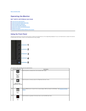 Page 16Back to Contents Page    
 
Operating the Monitor   
   
 
   Using the Front Panel Controls  
   Using the On - Screen Display (OSD) Menu  
   Setting the Maximum Resolution  
   Using the Dell Soundbar (Optional)  
   Using the Tilt, Swivel, and Vertical Extension  
   Rotating the monitor  
   Adjusting the Rotation Display Settings of Your System  
Using the Front Panel  
Use the control buttons on the front of the monitor to adjust the characteristics of the image being displayed. As you use these...