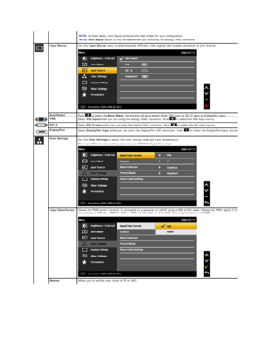 Page 19  NOTE:  In most cases, Auto Adjust produces the best image for your configuration.  
NOTE:   Auto Adjust  option is only available when you are using the analog (VGA) connector.  
  Input Source   Use the  Input Source  menu to select between different video signals that may be connected to your monitor.  
 
 
 
 
Auto S elect
Push   to select the  Auto Select , the monitor will auto detect either VGA input or DVI - D input or DislpayPort input.
VGA  
Select  VGA input  when you are using the analog...