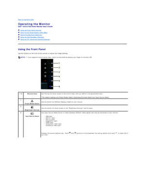 Page 18Back to Contents Page    
Operating the Monitor   
 
   Using the Front Panel Controls  
   Using the On - Scree Display (OSD) Menu  
   Setting the Maximum Resolution  
   Using the Dell Soundbar (Optional)  
   Using the Tilt, Swivel and Vertical Extension  
   
Using the Front Panel  
Use the buttons on the front of the monitor to adjust the image settings.   
NOTE:  1~5 are capacitive touch sensor keys, which are activated by placing your finger on the blue LED.    
      
1 - 3 Shortcut keys   Use...