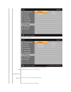 Page 28       
      
  
Mode  
When PBP activated
PBP Source     PBP submenu when PBP ON
   
NOTE:  When using DVI source, the contrast adjustment is not available.
Use   and   to browse and   to select  Off  or  On .  
 
Select an input signal for PBP (HDMI/Component/Composite).
Adjust the contrast level of the picture in PBP Mode.    