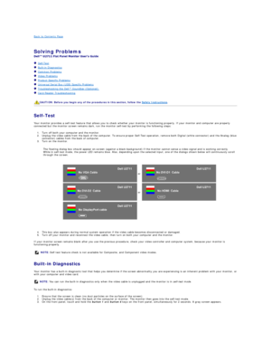 Page 39Back to Contents Page    
   
Solving Problems    
 
   Self - Test  
   Built - in Diagnostics  
   Common Problems  
   Video Problems  
   Product Specific Problems  
   Universal Serial Bus (USB) Specific Problems  
   Troubleshooting the Dell™ Soundbar (Optionalyf   
   Card Reader Troubleshooting  
   
Self - Test  
Your monitor provides a self - test feature that allows you to check whether your monitor is functioning properly. If your monitor and computer are properly 
connected but the monitor...