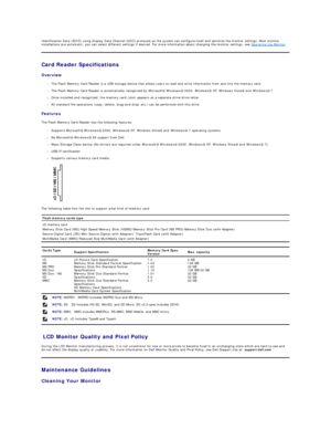 Page 12Identification Data (EDID) using Display Data Channel (DDC) protocols so the system can configure itself and optimize the monitor settings. Most monitor 
installations are automatic; you can select different settings if desired. For more information about changing the monitor settings, see  Operating the Monitor .  
Card Reader Specifications  
Overview  
l The Flash Memory Card Reader is a USB storage device that allows users to read and write information from and into the memory card.   
    
l The...