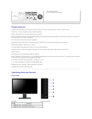 Page 3 
Product Features  
The  U3011  flat panel display has an active matrix, thin - film transistor (TFT), liquid crystal display (LCD). The monitor features include:   
■  756.23 mm (30 inches) viewable area display (measured diagonally).   
■   2560 x 1600 resolution, plus full - screen support for lower resolutions.  
■  Wide viewing angle (178°/178°yfDQGVXSHUEJUD\VFDOHWUDFNLQJPLQLPL]HVFRORUGHYLDWLRQVDWELDVHGDQJOHVRIYLHZLQJVLWWLQJVWDQGLQJRUPRYLQJVLGe -   to -
side) which ensures ultra...