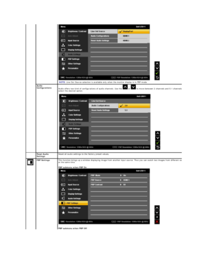 Page 23NOTE:  Line Out Source selection is available only when the monitor display is in PBP mode.  
 
Audio 
Configurations
Audio offers two kind of configurations of audio channels. Use  the   or   to  move between 2 channels and 5.1 channels and 
select the desired option.  
 
   
 
 
Reset Audio 
Settings Reset all audio settings to the factory preset values. 
PBP Settings This function brings up a window displaying image from another input source. Thus you can watch two images from different sources 
at...